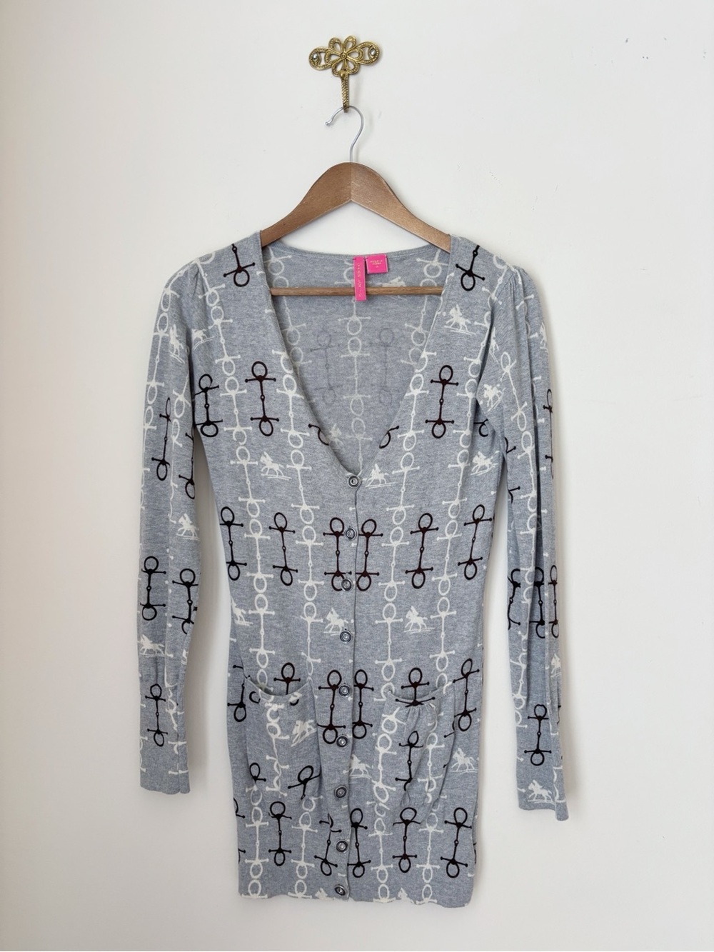 Charlotte Tarantola Grey Equestrian Horsebit Cardigan Sweater Small Horse Preppy